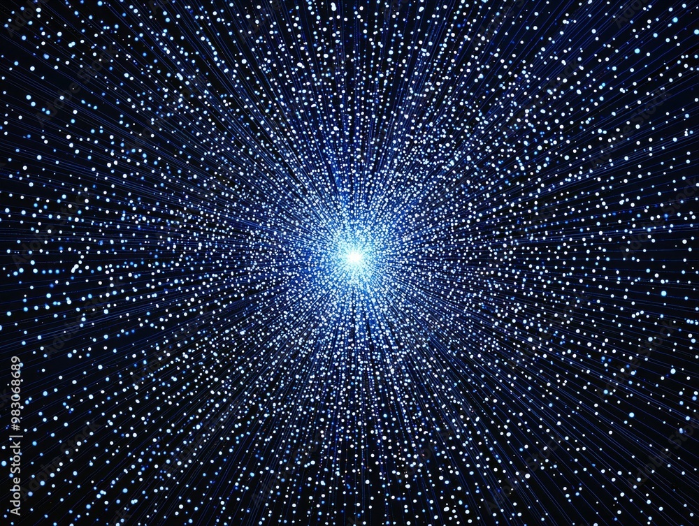 Poster vibrant blue dots and particles explode outward from a bright center, creating a mesmerizing display