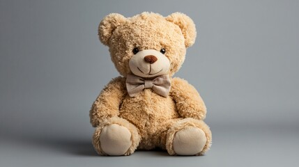 Obraz premium Soft plush teddy bear with a bowtie, isolated on a neutral gray background