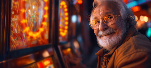 Obraz premium A gray-haired elderly man plays slot machines in a casino.