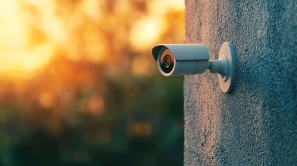 Surveillance camera mounted on a wall with a blurred background of a sunset, emphasizing security, safety, and observation.
