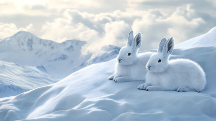 Arctic Hares Resting in Snow