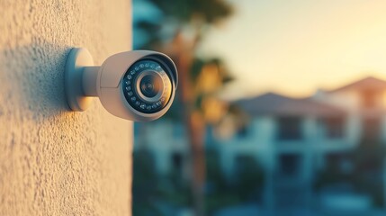 Close-up of a security camera mounted on a wall with a blurred background of houses, capturing a serene sunset in a suburban neighborhood.