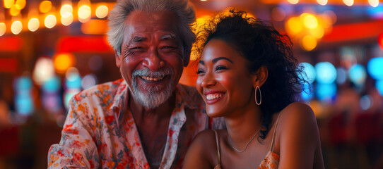 Senior Asian man and young woman playing gambling in casino. Casino and gambling for seniors, concept.