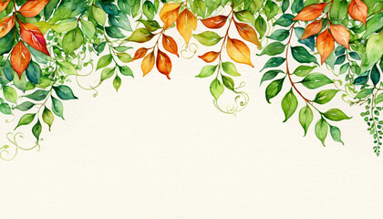 Invitation or Card Design, Watercolor Leaves with Autumn and Green Foliage Border on a Light Background, Nature, Botanical, Decorative, Elegant, Ideal for Wedding, Event, or Seasonal Stationery