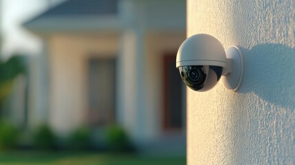 Modern outdoor security camera mounted on a white wall, monitoring a suburban home for safety and surveillance.