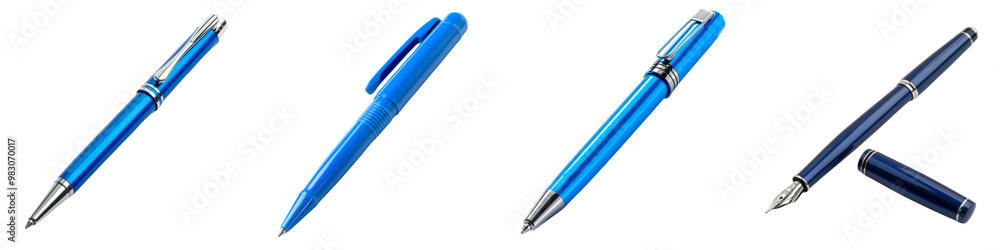 Wall mural Collection of blue pens with caps isolated on transparent or white background