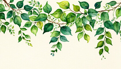 Invitation or Card Design, Watercolor Leaves with Autumn and Green Foliage Border on a Light Background, Nature, Botanical, Decorative, Elegant, Ideal for Wedding, Event, or Seasonal Stationery
