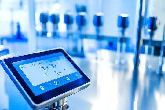 Modern touch screen control panel in a laboratory or manufacturing environment, representing automation and technology in industry