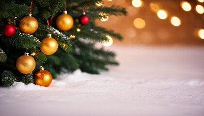 Seasonal Advertising, Close-up of snow-covered Christmas tree with golden ornaments and blurred festive lights in the background, winter, holidays, decorations, bokeh, Christmas spirit, celebration.