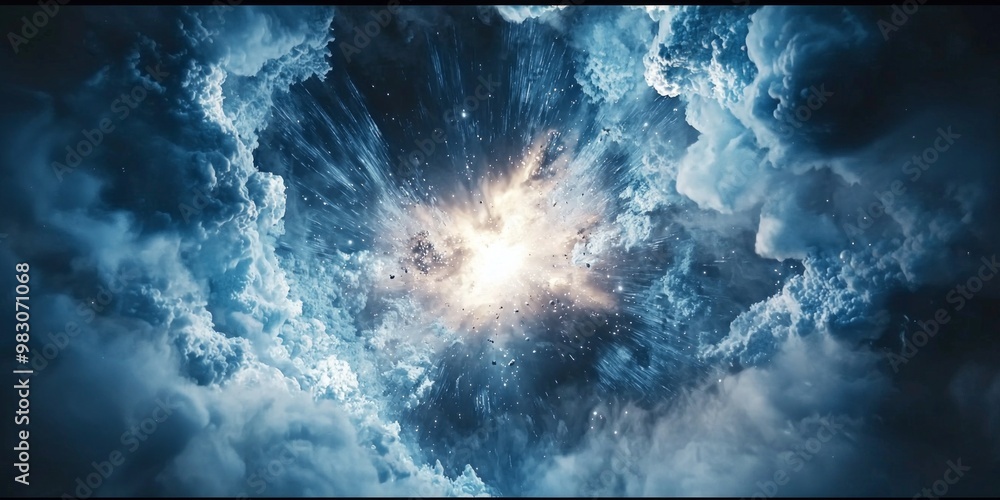 Poster experience the breathtaking moment of a blue particle explosion as vibrant particles burst from a ra