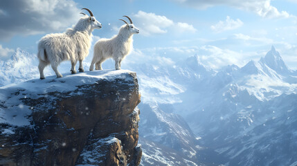 Naklejka premium Mountain Goats on a Snowy Cliff
