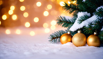 Holiday Marketing, Snow-covered Christmas tree with golden ornaments and blurred festive lights in the background, winter, festive season, snow, decorations, celebration, holiday spirit, bokeh.