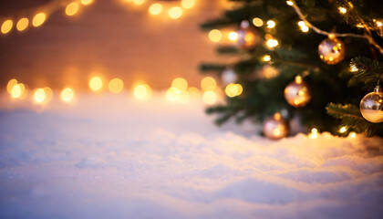Holiday Marketing, Snow-covered Christmas tree with golden ornaments and blurred festive lights in the background, winter, festive season, snow, decorations, celebration, holiday spirit, bokeh.