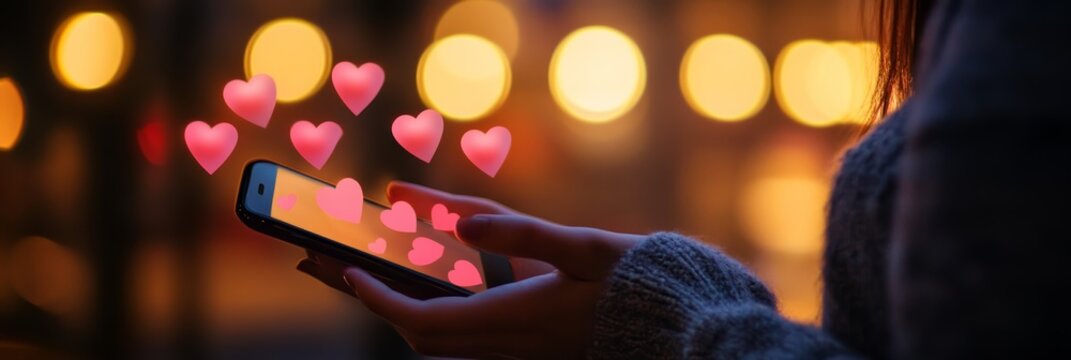 Close-up of a hand using a smartphone to send hearts and love messages, perfect for showcasing romantic online interactions.