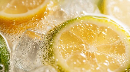Lemon and lime-infused sparkling water with ice cubes, isolated on a transparent glass surface