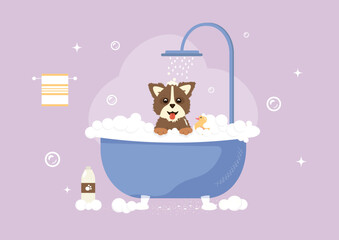 Grooming salon. Cheerful dog bathes in the bathroom. Dog illustration for grooming salon pet grooming