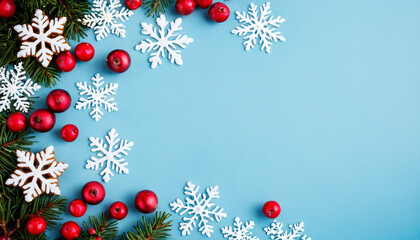 Christmas Card Design, Festive Blue Background with Snowflakes, Red Berries, and Pine Branches, holiday, winter, decoration, greeting, seasonal, ornaments, minimalist, space for text