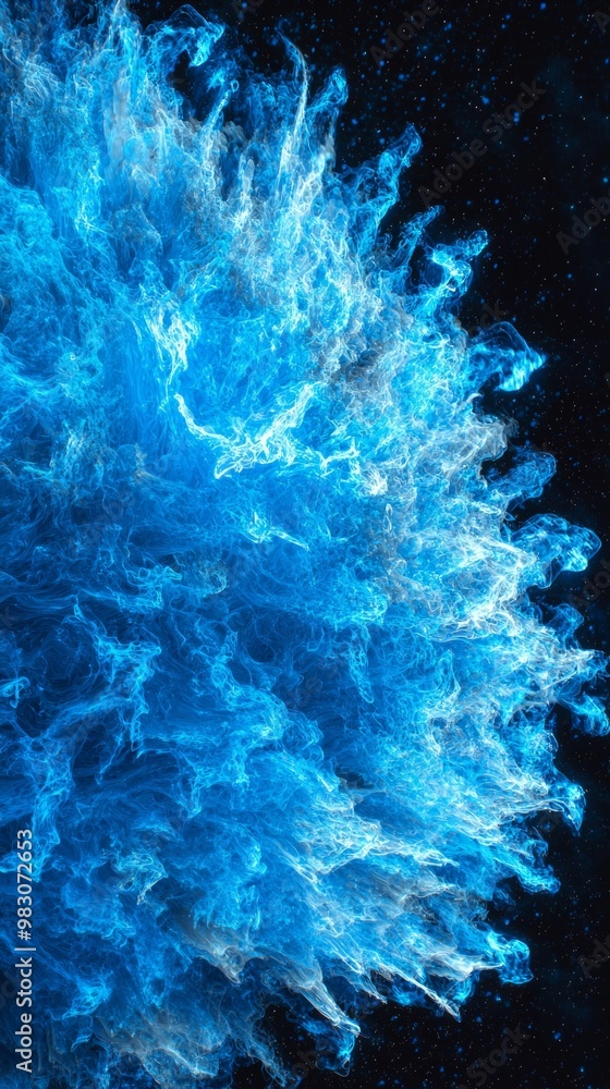 Poster a mesmerizing blue particle explosion unfolds, with glowing, ethereal particles radiating outward, c