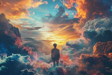 Obraz premium A man walks through colorful clouds at sunset, creating a surreal, vibrant, and majestic atmosphere