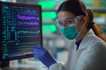 Scientist Analyzing DNA Sequences for Genetic Cancer Testing on Computer Screen