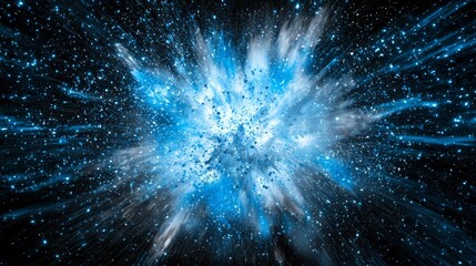 A stunning eruption of blue particles creates a vibrant explosion, glowing intensely as it radiates outward and disperses into fine cosmic dust on a dark background.