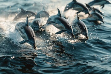Obraz premium Playful Dolphins Leaping Through Ocean Waves at Sunset