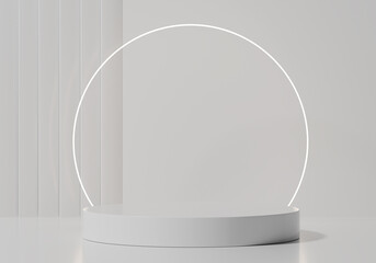 A podium is decorated with a circle on a matching light background