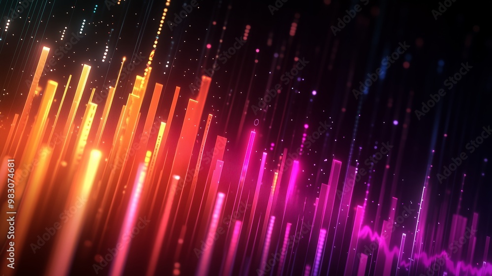 Poster colorful abstract digital sound waves emanate in vibrant hues over a dark background, creating a dyn