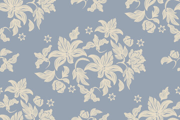 Vintage floral ethnic tapestry modern embroidery Ikat texture bohemian design vector illustration hand drawn silhouette indigo blue flower motif branches leaves wallpaper seamless background border.