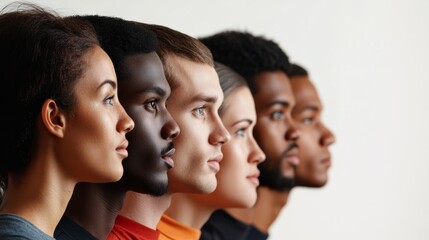 Obraz premium Side profile of a multiracial group of people standing in a line, representing unity and diversity. Concept of inclusion, teamwork, and equity.