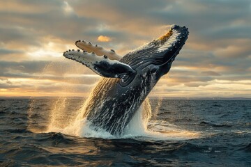 Fototapeta premium Majestic Humpback Whale Breach at Sunrise over Ocean Waves with Golden Light
