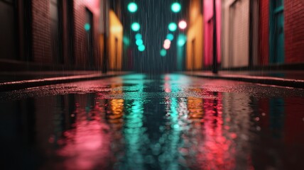 A vibrant alley illuminated by colorful lights reflecting on wet pavement during a rain shower.