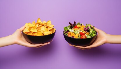 Woman's hands holding a salad bowl and chips in glass bowls, a healthy eating versus fast food concept on a purple background