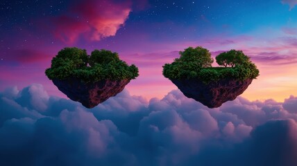 Floating islands with lush greenery above colorful clouds at twilight.
