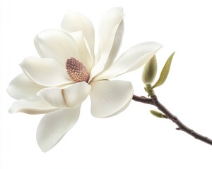 Fototapeta premium White Magnolia Flower Isolated. Tender Bloom of White Magnolia in Nature