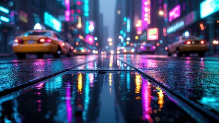 Obraz premium Rainy city street scene with yellow taxis, neon lights, and colorful reflections on wet pavement.