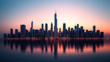 Fototapeta premium Stunning skyline silhouette at sunset, reflecting in calm water, showcasing modern architecture and vibrant colors.