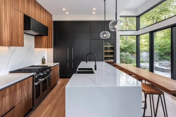 Fototapeta premium White Quartz. Luxury Home Interior Design with Midcentury Kitchen and Stainless Steel Fixtures