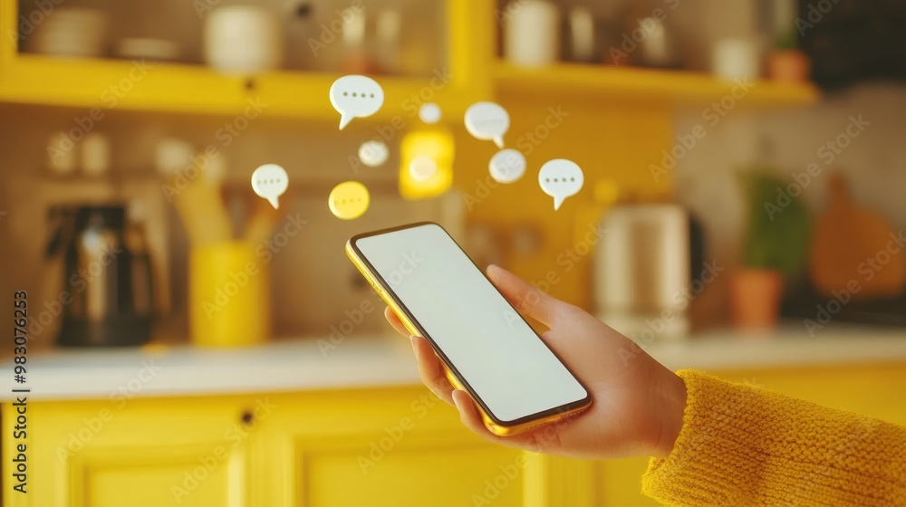 Poster Person using a smartphone in a modern kitchen, communicating via text messages. Home setting digital interaction.
