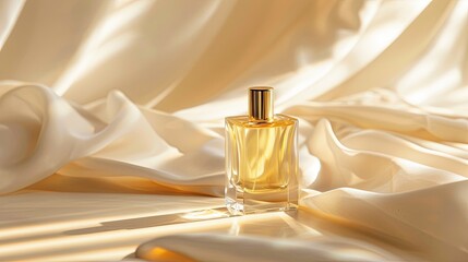 a perfume for a ad with a refined background, white, gold