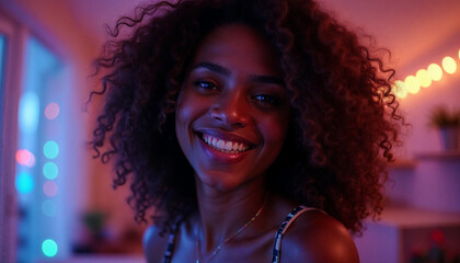 Fototapeta premium A young Black woman with curly dark hair smiling and looking at the camera