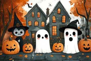 Halloween Ghosts and Pumpkins in Front of a House