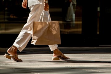 A person walking on the city sidewalk carrying a brown shopping bag in the warm afternoon sunlight