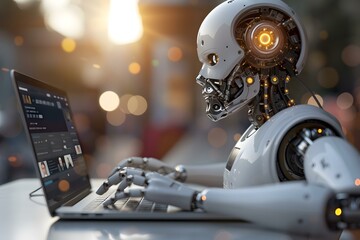 Fototapeta premium Humanoid Robot in Video Conference Call. Remote Learning Lecture Videoconference, robot, online, ai, artificial, conference, intelligence, code, webinar, tech, machine, video, technology