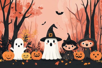 Cartoon Halloween Characters in a Forest Setting