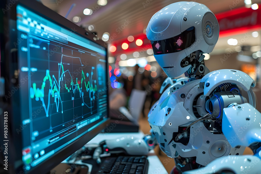 Poster humanoid robot analyzing graph on computer at workplace