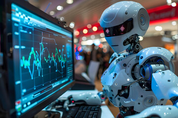 Humanoid Robot Analyzing Graph On Computer At Workplace