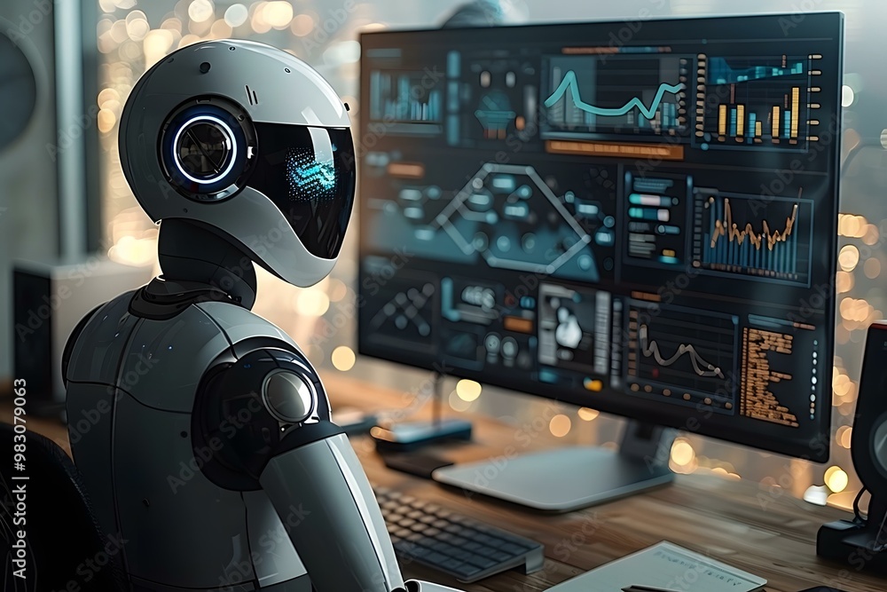 Poster high angle view of notepad showing digital marketing diagram on wooden desk with humanoid robot