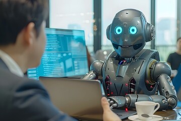 Humanoid Robot In Video Chatting With His Colleagues On Laptop, robot, webinar, ai, artificial, interview, intelligence, code, video, tech, machine, job, technology, future, webcast, 4, 0