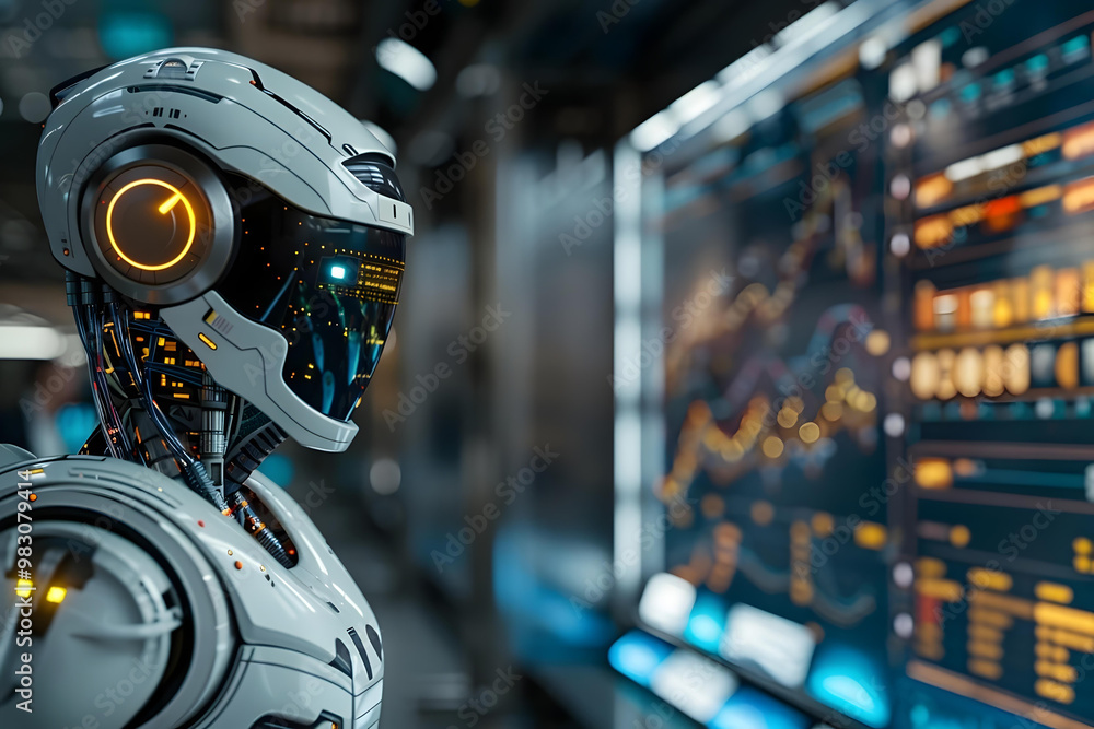 Poster close-up of humanoid robot video conferencing with co-worker about progress chart